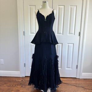 Olga Banartsev SILK Navy Peplum Sweetheart Wedding Guest New Year’s Dress Size 8